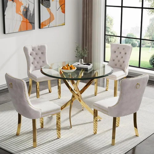 Vista 81 de Juego de mesa de comedor SSLine moderno de 3 piezas con mesa redonda de vidrio para 2, lujosa mesa de comedor circular de 36" con tapa de vidrio