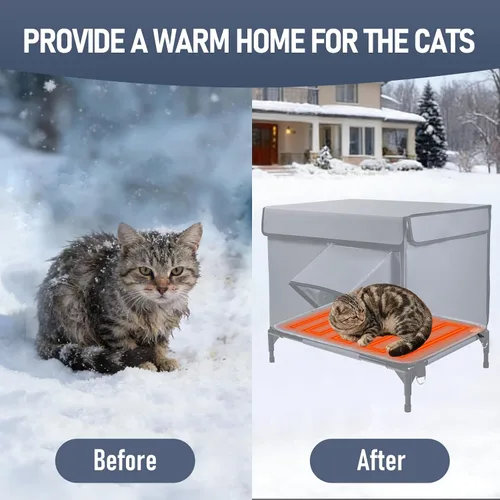 Vista 3 de Casa climatizada para gatos al aire libre con almohadilla térmica para invierno, resistente a la intemperie, aislamiento impermeable, puertas