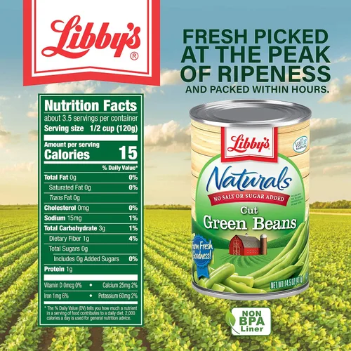 Vista 4 de Libby's Naturals Cut Green Beans Sin sal añadida, sin azúcar añadido, naturalmente delicioso, suave y sutilmente dulce mordida crujiente Sin