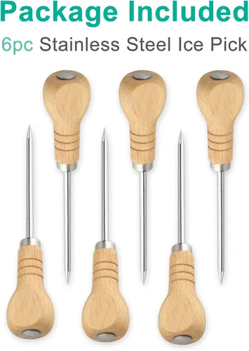 Vista 6 de Yzurbu 6pcs Ice Pick para romper hielo, herramienta de acero inoxidable con mango de madera de seguridad para cocina