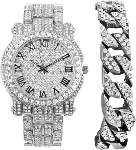 Vista 8 de Charles Raymond Reloj redondo de lujo para hombre totalmente incrustado con brillantes en plata con pulsera Bling-ed Out - L0504B