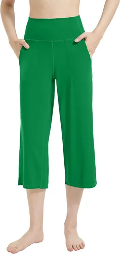 Vista 3 de Rosemmetti Pantalones capri de yoga para mujer, talla grande, con control de abdomen, acampanados, pantalones de entrenamiento con bolsillos