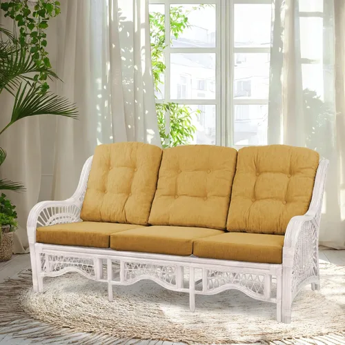 Vista 30 de Malibu Lounge Sofá de tres plazas de mimbre de ratán natural, diseño hecho a mano (cojines marrón claro, colonial)