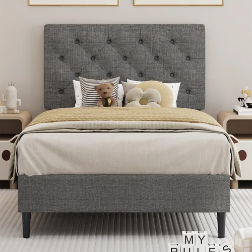Vista 21 de BarnFurin Marco de cama tamaño completo con cabecero, cama de plataforma tapizada con cabecera acolchada con botones ajustables, marco de cama