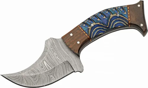 Vista 2 de SANZ - Cuchillo de caza de rinoceronte de Damasco de 8 pulgadas, cuchillo de campamento azul con mango de madera, hoja de espiga completa y funda