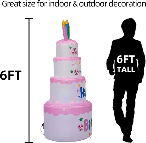 Vista 8 de AJY Pastel inflable de feliz cumpleaños de 6 pies con vela, decoración de césped para interiores y exteriores