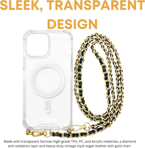 Vista 3 de Aporia - iPhone 12 Pro - Funda MagSafe transparente con cadena cruzada Gancho integrado y correa de hombro negra y dorada Compatible con carga