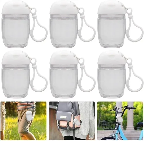 Vista 7 de 10 botellas vacías transparentes de 1 onza y 1.0 fl oz para desinfectante de manos, soporte de viaje, gancho para llavero, tapa abatible blanca