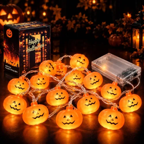 Vista 9 de Guirnalda de luces de calabaza de Halloween, 20 pies, 40 LED, control remoto, 8 modos