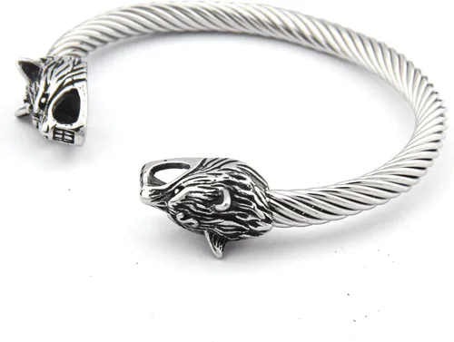 Vista 3 de BAVIPOWER Pulsera de acero inoxidable con cabezas de lobo nórdico Fenrir Odin Raven Dragón Serpiente de acero inoxidable fuerte Pagan Jewelry