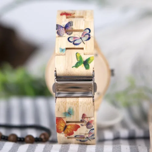 Vista 7 de BOBO BIRD Reloj de bambú para mujer, diseño de mariposa, hecho a mano, hecho a mano