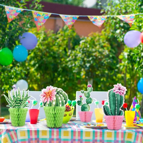 Vista 5 de Whaline 10 centros de mesa de cactus en forma de panal de abeja, decoración de papel suculento en maceta, decoración de cactus florecientes de Rosa