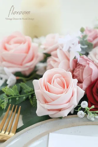 Vista 5 de Floroom Flores artificiales, 20 unidades, rosas falsas de espuma de alto centro con tallo para ramos de boda, centros de mesa de despedida de Blush