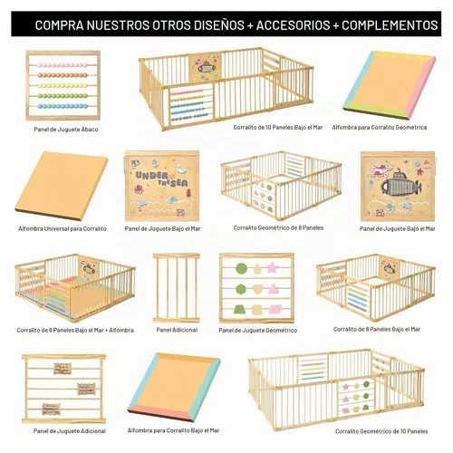 Vista 9 de ZETY - Corralito de madera natural para bebés, patio de juegos plegable de 8 o 10 paneles con panel de puerta y juguetes integrados, certificado CPC