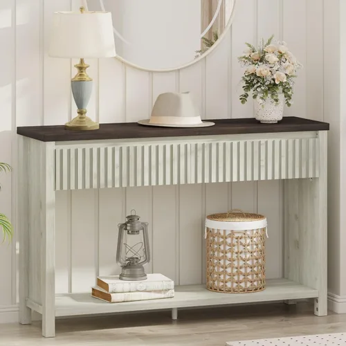 Vista 14 de BON AUGURE Mesa consola de madera para entrada, mesa de entrada de 47 pulgadas con almacenamiento, mesas de sofá estrechas con cajones, modernas