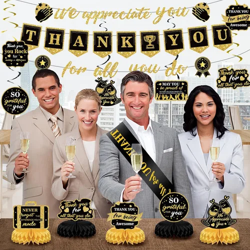 Vista 5 de Decoraciones de Fiesta We Appreciate You Negro Dorado Pancarta Thank You for All You Do Centros de Mesa de Panal Espirales Colgantes para Oficina