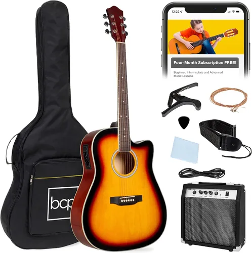 Vista 9 de Best Choice Products Juego de iniciación de guitarra acústica y eléctrica para principiantes con 41 pulgadas, diseño de corte total en madera, bolsa