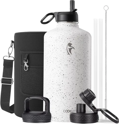 Vista 47 de Coolflask Botella de agua de 20 onzas aislada con pajilla, 3 tapas de metal de acero inoxidable, botella de agua de boca ancha para deportes u