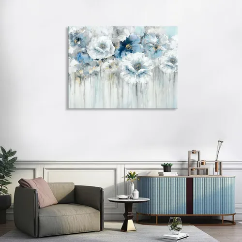 Vista 4 de Cuadro de flores para sala de estar, arte de pared floral azul y blanco sobre lienzo con detalles dorados para decoración de dormitorio gris, 32 x