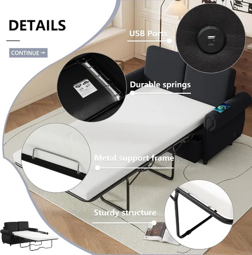 Vista 6 de Sofá cama extraíble, sofá biplaza con colchón de memoria de tamaño individual con 2 puertos USB para sala de estar (negro)
