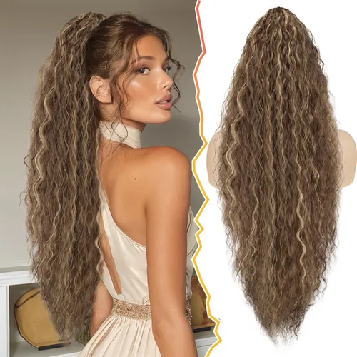 Vista 18 de BARSDAR Extensión de cola de caballo rizada ondulada con cordón negro marrón – 22 pulgadas de extensión de cabello sintético con peine de clip