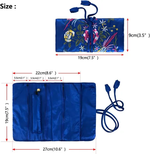Vista 2 de Wei Long Jewelry Roll, bolsa de viaje para joyas, brocado bordado de seda con cierre de lazo (flor, verde)