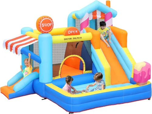 Vista 9 de Doctor Dolphin Casa de rebote de agua, parque inflable de tobogán acuático para niños, patio trasero, diversión al aire libre de verano con pistola