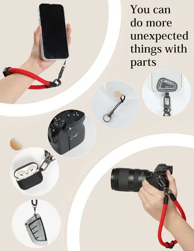 Vista 4 de Correa de Teléfono para Mano y Muñeca, Cordón de Teléfono con Parche ×2, Soporte para Funda de Teléfono Celular, Correa de Muñeca para Llaves, Negro