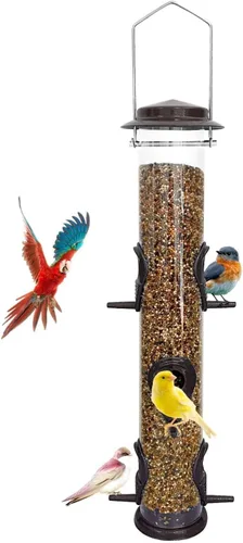 Vista 13 de MIXXIDEA 1PK Alimentadores de pájaros metálicos con 6 puertos de alimentación, alimentador de pájaros de tubo con colgador de acero, alimentador