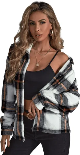 Vista 3 de SOLY HUX Chaqueta de franela a cuadros para mujer, manga larga, con botones, casual, para otoño, color negro, blanco, talla S, Tela a cuadros