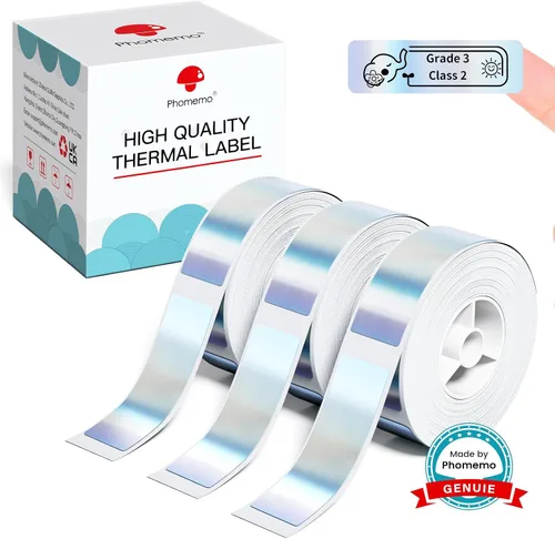 Vista 11 de Phomemo Labels D30 - Cinta de etiquetas autoadhesivas, etiquetas maestras de impresión negra sobre transparente, papel térmico autoadhesivo, 0.472 x