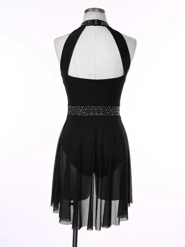 Vista 4 de FEESHOW Women Shiny Rhinestone Lyrical Dance Dress Backless Leotard Dresses Figure Skating Dance Costume