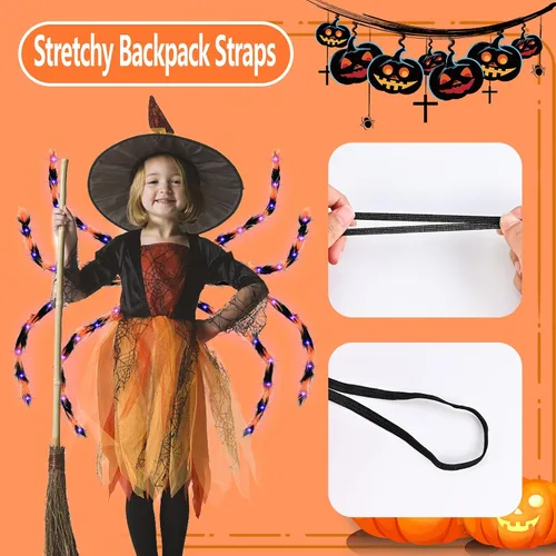 Vista 4 de Disfraz de araña de Halloween para niños y adultos, mochila de caramelo de araña de 64 LED, divertido disfraz de araña de felpa con luces