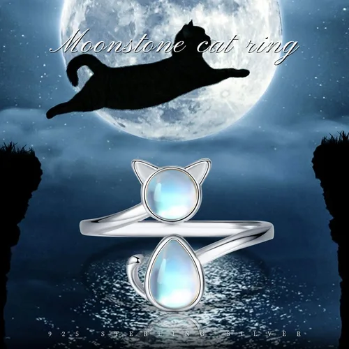 Vista 7 de CHENGHONG Anillo de plata de ley 925 con piedra de luna anillos de animales abiertos joyería de gato de la suerte regalos para mujeres y niñas