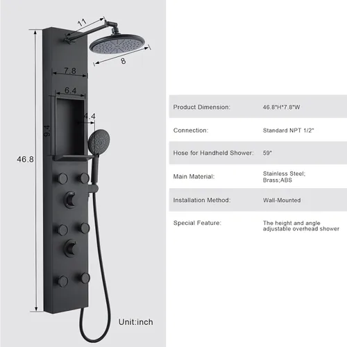 Vista 7 de POPFLY Sistema de Panel de Torre de Ducha con Altura de Brazo de Ducha Ajustable, Sistema de Cabezal de Lluvia, Panel de Ducha de Acero Inoxidable