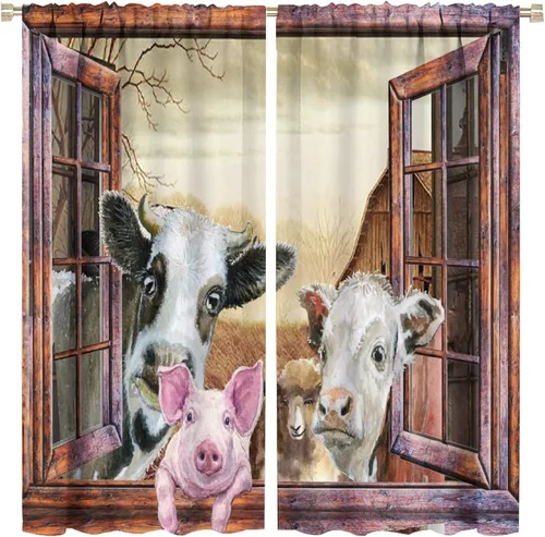 Vista 8 de Cortinas de vaca de animales de granja, ventana con estampado de girasol y vida silvestre del oeste para dormitorio, bolsillo para barra de madera