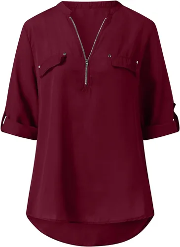 Vista 4 de Camisas enrollables de verano con cuello en V y cremallera para mujer, color liso, manga larga, tops elegantes y elegantes