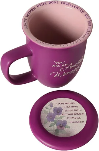Vista 4 de Amazing Woman - Taza y portavasos, tapa de cerámica, taza grande de café o té de 14 onzas, color morado oscuro
