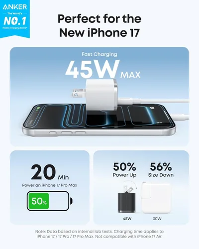 Vista 2 de Anker Cargador Nano, Carga Rápida de 45W, Enchufe Compacto y Plegable, Bloque Cargador USB C para iPhone 17 Series, MacBook, Pixel 9, iPad, Samsung
