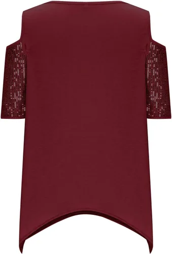 Vista 7 de Blusa de manga corta con hombros descubiertos y talla grande, con lentejuelas brillantes y empalme de moda, con dobladillo de pañuelo