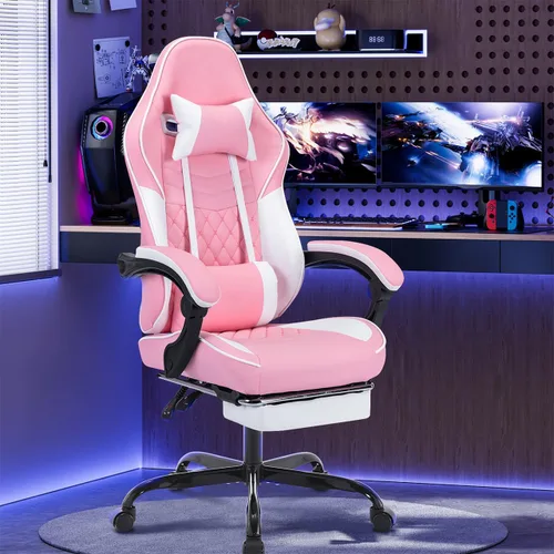 Vista 2 de Silla de escritorio para juegos para adultos, silla ergonómica para juegos Rosa + blanco