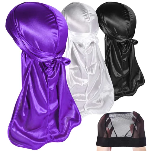 Vista 30 de Paquete de 3 piezas de durags sedosas para ondas de hombres, de regalo 1 gorra para marcar las ondas, talla única