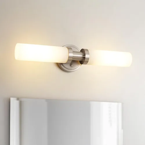 Vista 2 de SANTOSTOCK Lámparas de baño de níquel cepillado, 2 luces de tocador con pantalla de vidrio blanco, apliques modernos para pared, espejo, cocina