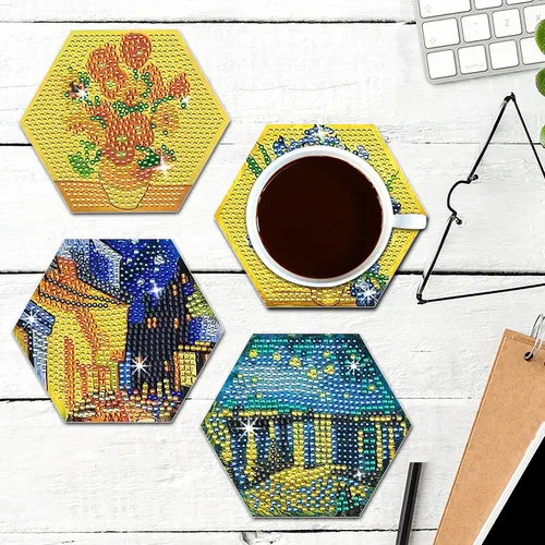 Vista 3 de NUFTVI Van Gogh - Juego de posavasos de pintura de diamantes con soporte, kit de posavasos de arte de diamante de cristal completo 5D para adultos.