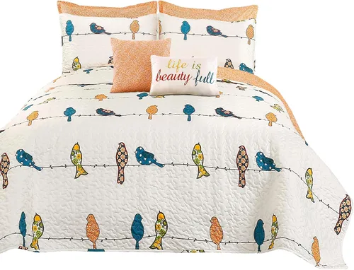 Vista 7 de Lush Decor - Juego de colcha de pájaros Rowley, juego de 7 piezas, matrimonial/queen, multi - Juego de ropa de cama reversible con fundas