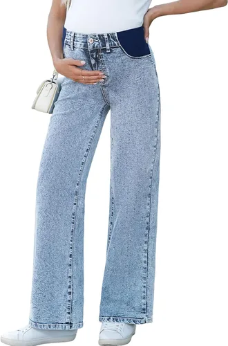 Vista 5 de BLENCOT Vaqueros de maternidad para mujer de cintura alta con pierna recta, pantalones de embarazo de mezclilla con bolsillos