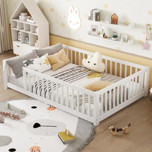 Vista 20 de Cama Montessori de tamaño matrimonial con tablillas, puerta y valla, cama Gris