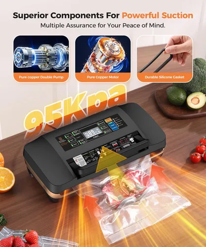 Vista 4 de Máquina selladora al vacío, ahorro de alimentos comercial de alto rendimiento de 95 KPa con doble sello para 2 veces más resistencia, incluye bolsas