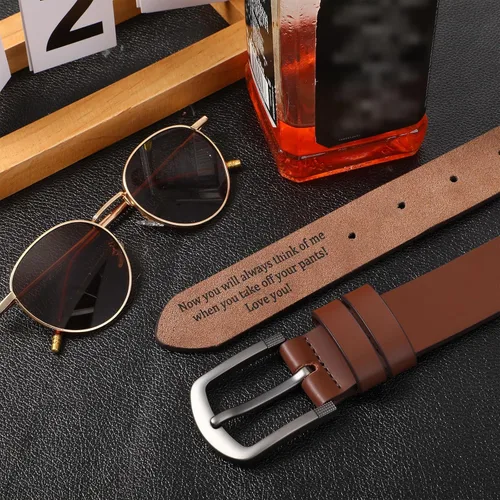 Vista 4 de Cinturón para hombre de regalo para marido, cinturones personalizados para hombres, regalo de cuero grabado para él, cumpleaños, aniversario, boda
