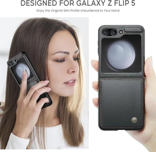 Vista 2 de Funda para Samsung Galaxy Z Flip 5, funda de piel sintética de alta calidad, antiarañazos, delgada, a prueba de golpes, funda protectora
